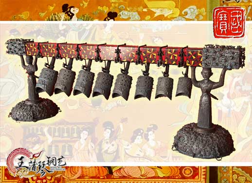 8件古編鐘，銅人銅座裝飾，可發(fā)音